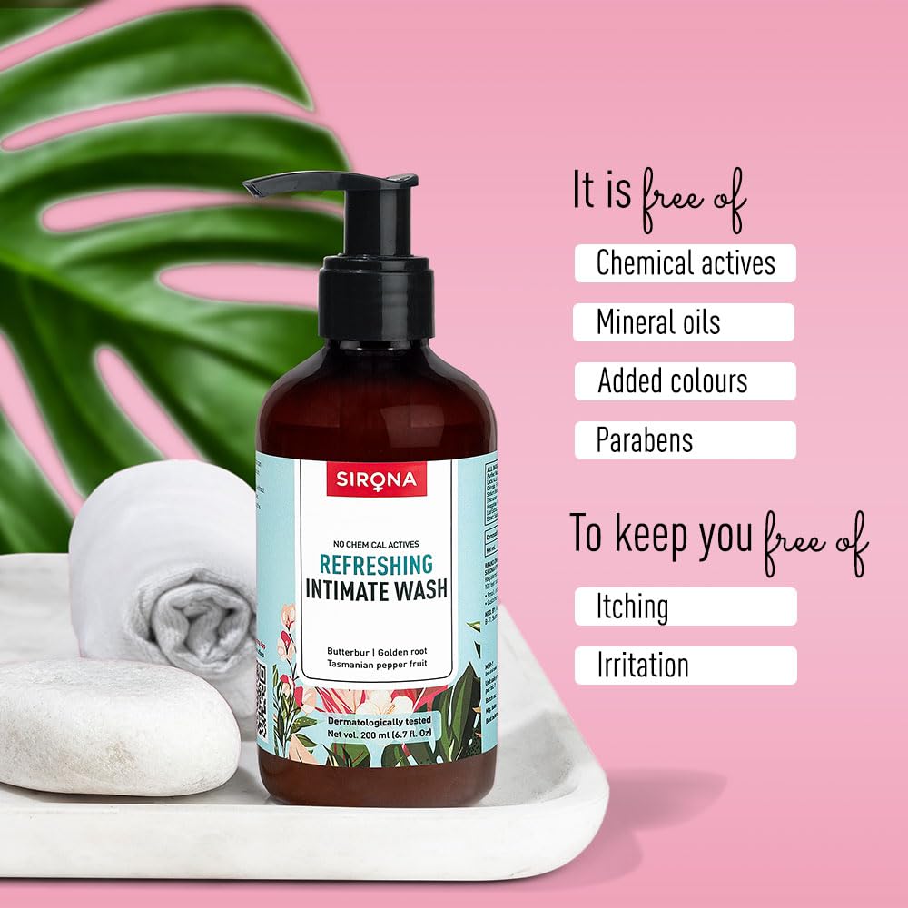 Sirona Natural Refreshing Feminine Wash - 6.7 Fl Oz (200 ml) | No Chemical, No Irritation, pH Balanced Intimate